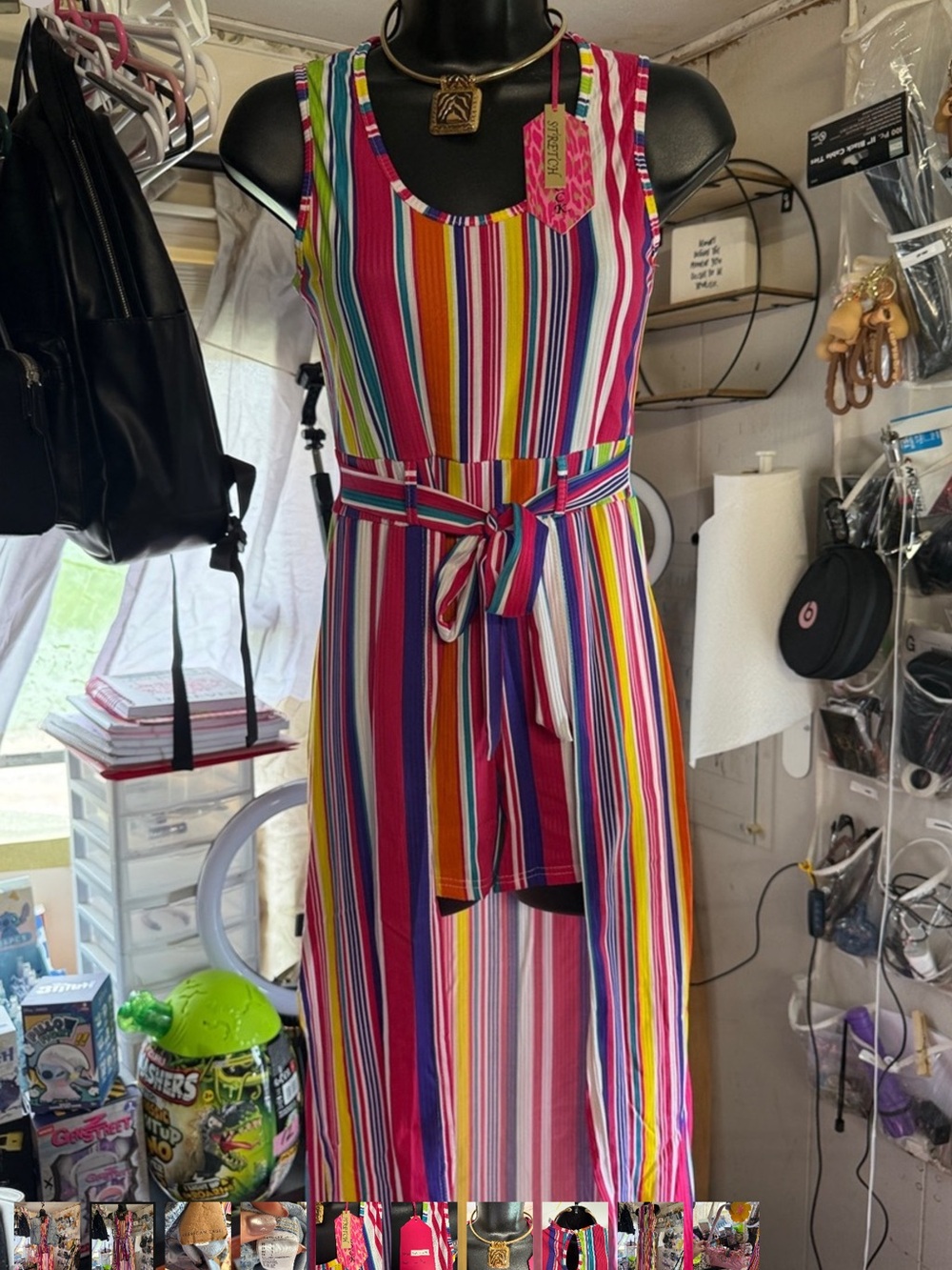 multi color  Striped Dress/shorts and necklace